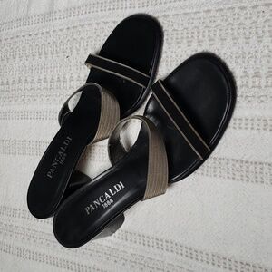 Pancaldi silver black chunky heel slip on sandals, Mini chain detail,  women's 8